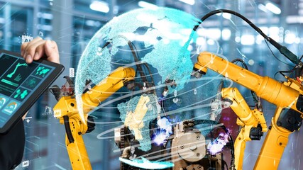 Smart industry robot arms modernization for innovative factory technology . Concept of automation...