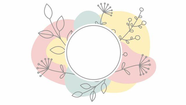 Animated abstract modern banner with shapes, branch of leaf and flower. Circle frame with copy space. Looped video. Flat vector illustration isolated on green background.