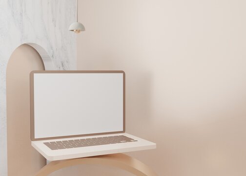 3D Rendering Surreal Platform Laptop Mockup Display Pastel Premium Psd