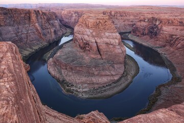 wide angle shot of horseshoe bend along Colorado River at dawn time