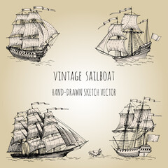 Set of vintage sailboats. Clipper, caravel, brigantine. Vector  Hand drawn sketch.  Detail of the old geographical maps of sea