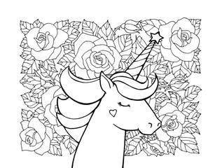 Unicorn and rose pattern. Magical animal. Vector artwork. Black and white. Coloring book page for kids. Cartoon character. Fairy tale concept, wonderland