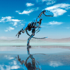 cyber raptor is doing a saunter pose on the desert after rain