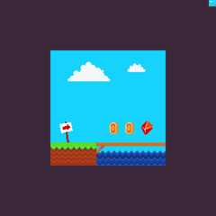 Pixel art game scene with water, clouds and grass, coin, gem and sign with red arrow - 428461792