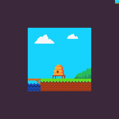 Pixel art scene with water, sky and clouds, bush, grass and soil, beehive
