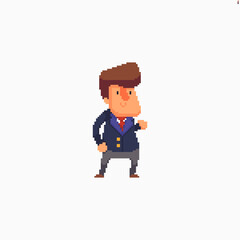 Pixel art male office character in suit isolated on white background