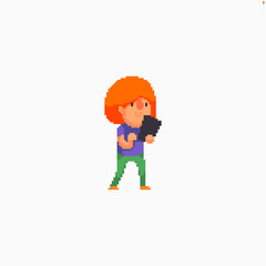 Pixel art girl with ginger hair using tablet - 428461936