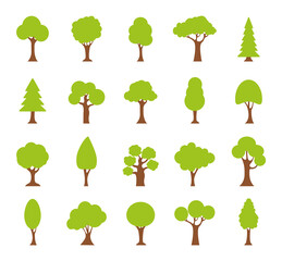 Set of flat trees. Collection green tree icons. Vector illustration.