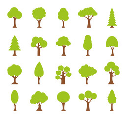 Fototapeta premium Set of flat trees. Collection green tree icons. Vector illustration.