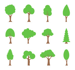 Set of flat trees. Collection green tree icons. Vector illustration.