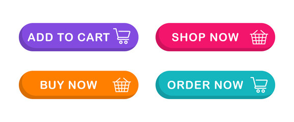 Shopping buttons with cart icon. Add to cart button. Buy now button for online shop. Order now icon. Vector illustration.