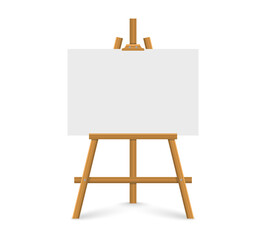 Empty canvas on wooden easel. Wooden brown easel. Blank art board. Mock up white canvas for painting. Easel with horizontal poster. Space for your text and design advertising.