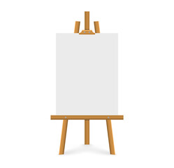 Empty canvas on wooden easel. Wooden brown easel. Blank art board. Mock up white canvas for painting. Easel with vertical poster. Space for your text and design advertising.