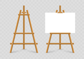 Empty canvas on wooden easel. Wooden brown easel. Blank art board. Mock up white canvas for painting. Easel with horizontal poster. Space for your text and design advertising.
