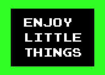 A message on a computer screen: enjoy little things. 8-bit retro font, white text inside a black box, green background.
