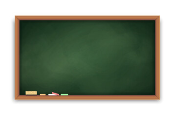Realistic green blackboard in wooden frame. Wiped dirty chalkboard. Blank clasroom board with chalk pieces and sponge. Space for advertising text and restaurant menu. Vector illustration. © TMvectorart