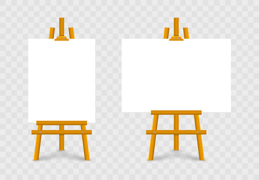 Empty canvas on wooden easel. Wooden brown easels. Blank art board. Mock up white canvas for painting. Easels with horizontal and vertical paper posters. Space for your text and design advertising.