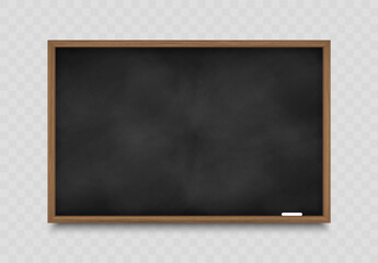 Realistic black chalkboard in wooden frame. Wiped dirty blackboard. Blank clasroom board with chalk piece. Space for advertising text and restaurant menu. Vector illustration. - obrazy, fototapety, plakaty