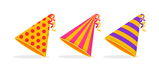 Obraz premium Party hats in flat design. Colorful cone hats for birthday, celebration, party and holiday. Vector illustration.