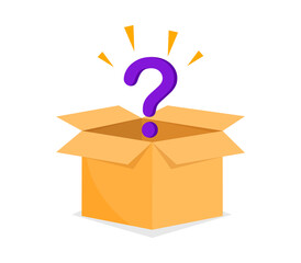 Mystery box concept. Opened cardboard box with a question mark. Box with surprise inside. Vector illustration.