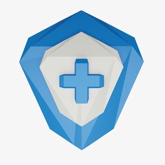 3D Illustration of isolated immune system shield concept on the white background. Icon of virus protection. Мedical health risk. Low poly, cartoon style. 
