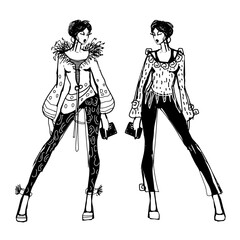 Sketch of a young beautiful girl with fashionable pants and a blouse. Fashionable clothes for formal, festive, parties. Isolated illustration