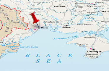 Map showing Odessa, Ukraine with a Red Pin. 3D Rendering