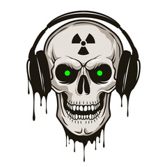Vector grunge human skull with headphones and radiation sign