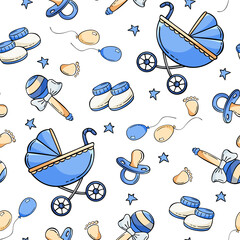 Hand drawn seamless pattern with  baby carriage, rattle, baby bootie, baby pacifier in doodle sketch style. Baby element pattern. Vector illustration for wallpaper, background, textile design.
