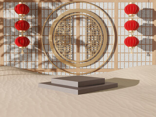 wood podium minimal on Sand background, Display for cosmetic perfume fashion natural product, luxury minimalist mockup, Chinese and Japanese style pictures - 3d render