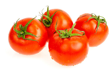 Four red wet tomatoes isolated on white background.
