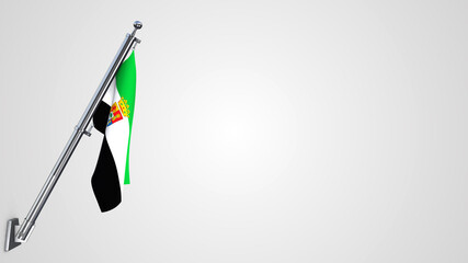 Extremadura 3D rendered waving flag illustration on a realistic metal flagpole. Isolated on white background with space on the right side.