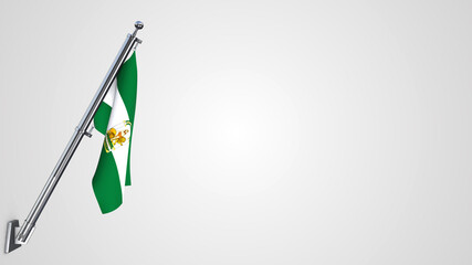 Andalusia 3D rendered waving flag illustration on a realistic metal flagpole. Isolated on white background with space on the right side.