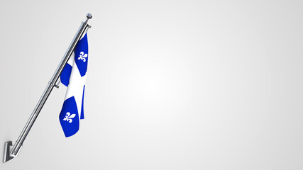 Quebec 3D rendered waving flag illustration on a realistic metal flagpole. Isolated on white background with space on the right side.