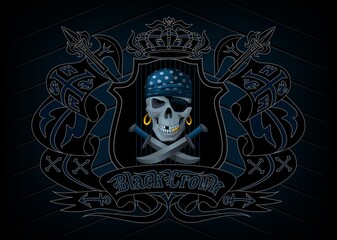 pirate skull in cartouche on black background. Black Crown - pirate ship