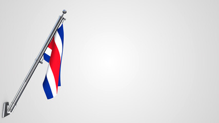 Costa Rica 3D rendered waving flag illustration on a realistic metal flagpole. Isolated on white background with space on the right side.