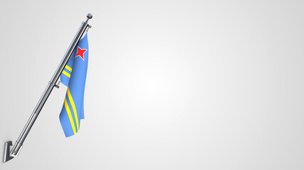 Aruba 3D rendered waving flag illustration on a realistic metal flagpole. Isolated on white background with space on the right side.