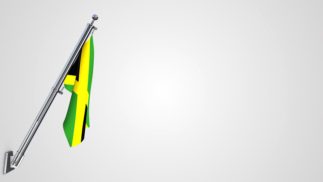 Jamaica 3D rendered waving flag illustration on a realistic metal flagpole. Isolated on white background with space on the right side.