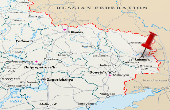 Map showing Luhansk, Ukraine with a Red Pin. 3D Rendering
