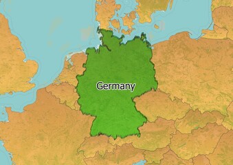 Germany map showing country highlighted in green color with rest of European countries in brown