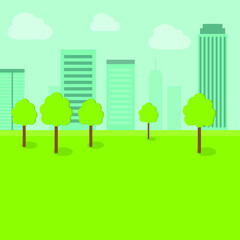 Summer park with trees in a big city. Nature in the city. Vector illustration in flat style