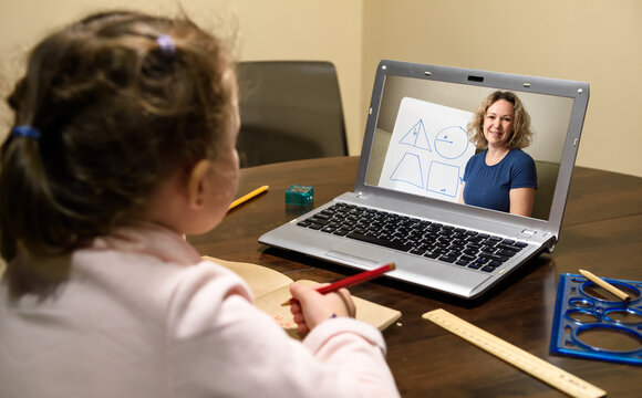 Elearning Online Study At Home, Kid Learning With Teacher By Laptop