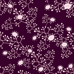 Fototapeta na wymiar Floral blossom seamless pattern. Trendy colorful vector texture. Blooming botanical elements. Hand drawn small flowers on butgundy background.