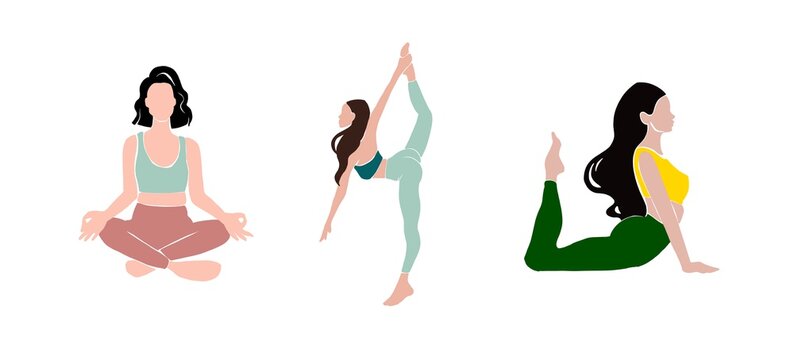 Set Young girl yoga posing. Flat style illustration. 