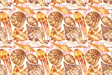 Marine background with seashells and jellyfish. Watercolor seamless pattern. Isolated on white background.  Perfect for creating fabrics, textile, decoupage, wallpapers, print.