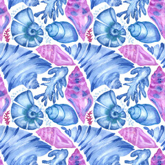 Marine background with seashells, starfishes and corals. Watercolor seamless pattern. Perfect for creating fabrics, textile, decoupage, wallpapers, print, gift wrapping paper, invitations, textile.