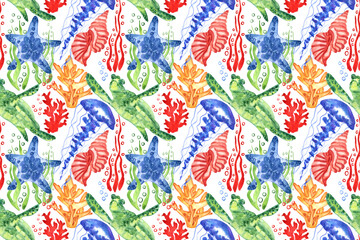 Marine background with sea turtle, shells, jellyfish and corals. Watercolor seamless pattern. Isolated on white background. Perfect for creating fabrics, textile, decoupage, wallpapers.
