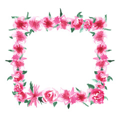 Frame  of delicate watercolor roses. For greeting card, background, wedding invitation. Picturesque illustration.