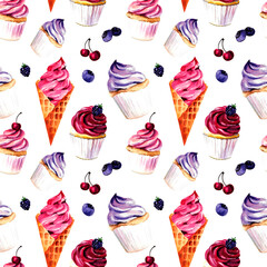 seamless  watercolor sweet pattern with cupcakes, ice cream and berries