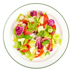 Plate with lettuce, tomatoes, olive oil. Vegetarian menu.